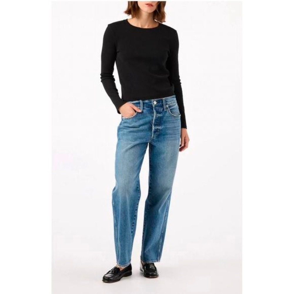 AMO Hattie Straight High Rise Straight Leg Jeans Blue Denim Button Fly Size 25